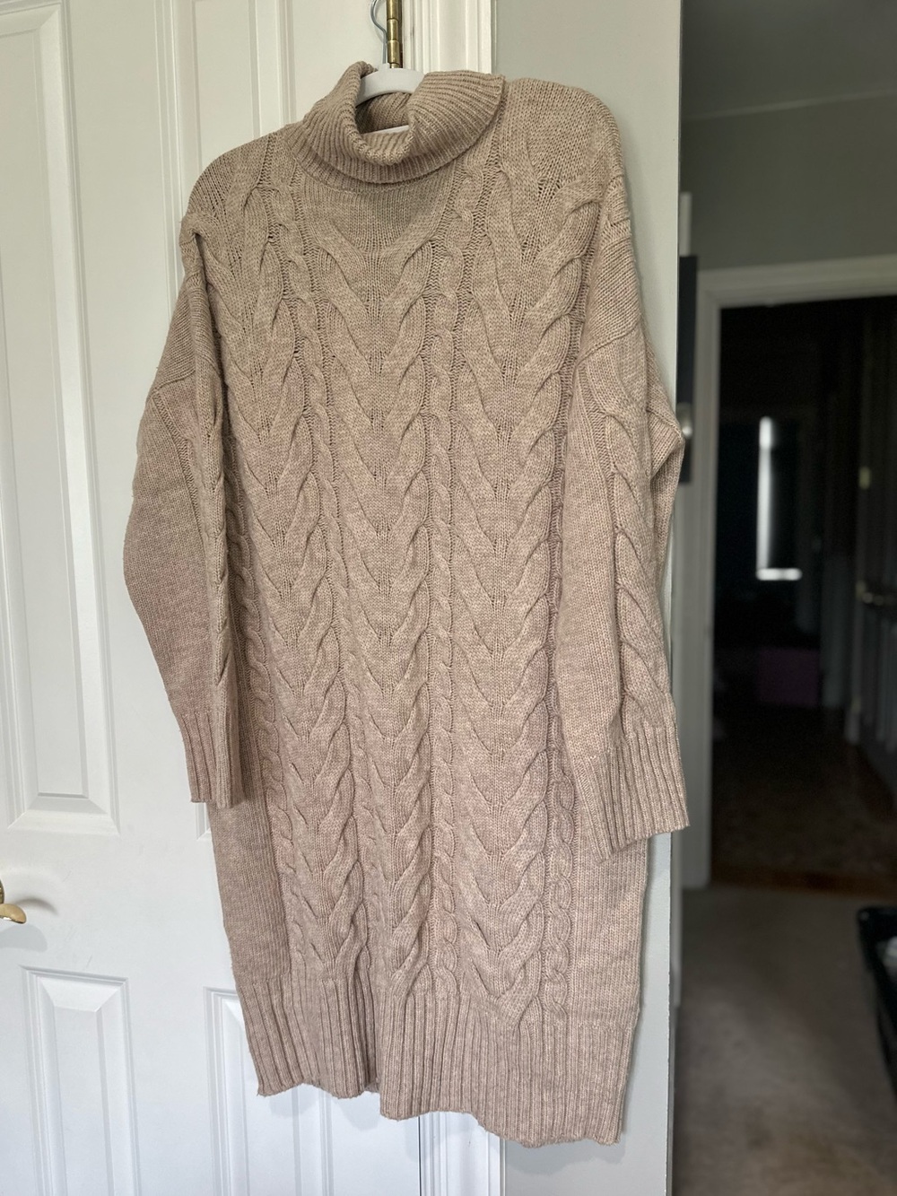 Barbour Beige Cable-Knit Turtleneck Sweater Dress